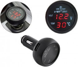 Автомобильный вольтметр в прикуриватель для авто машины с термометром и USB