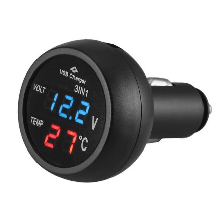 Автомобильный вольтметр в прикуриватель для автомобиля  авто с термометром и USB  