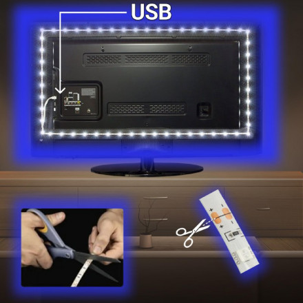 USB cветодиодная LED лента подсветка для телевизора и монитора синяя 1 м IP65 