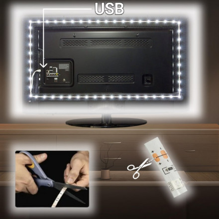 USB cветодиодная LED лента подсветка для телевизора и монитора белая 1 м IP65 